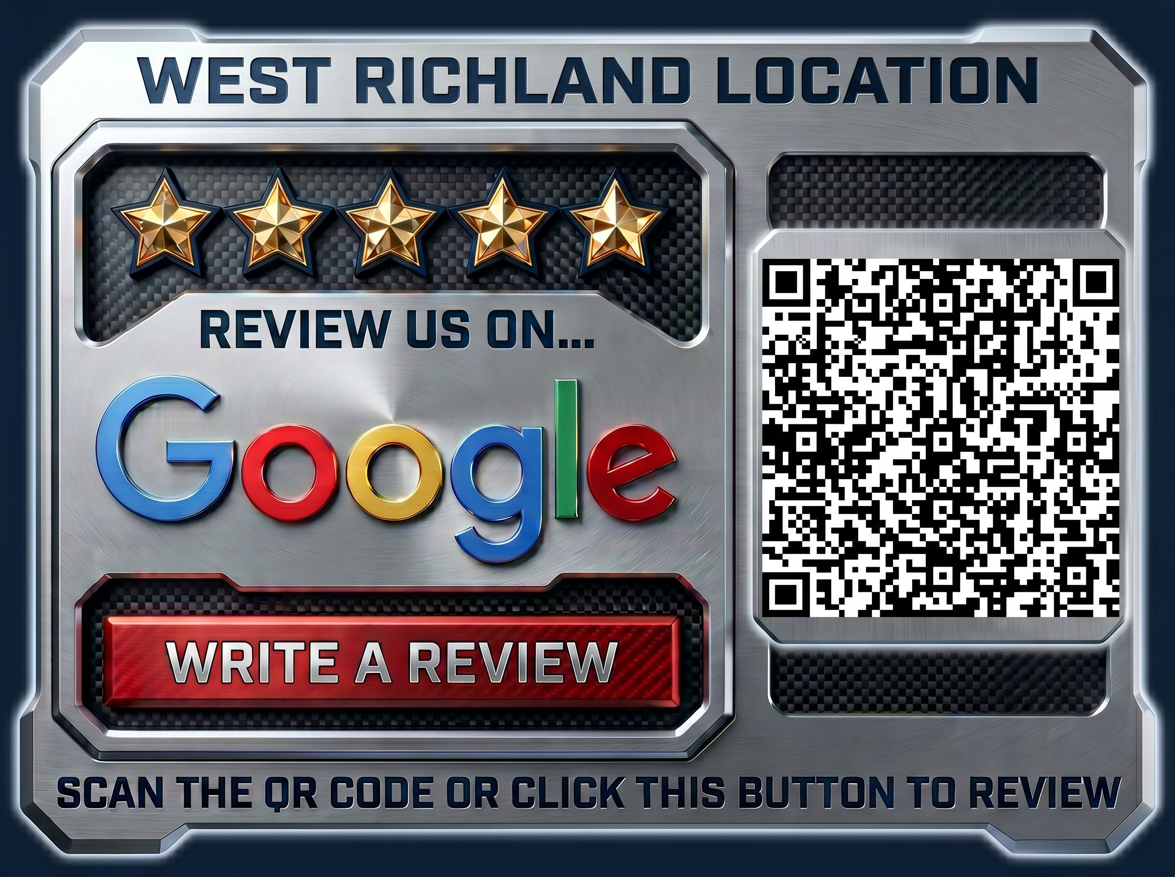 A metallic review prompt for Google with five gold stars, a QR code, and instructions to scan the QR or click a button to review.