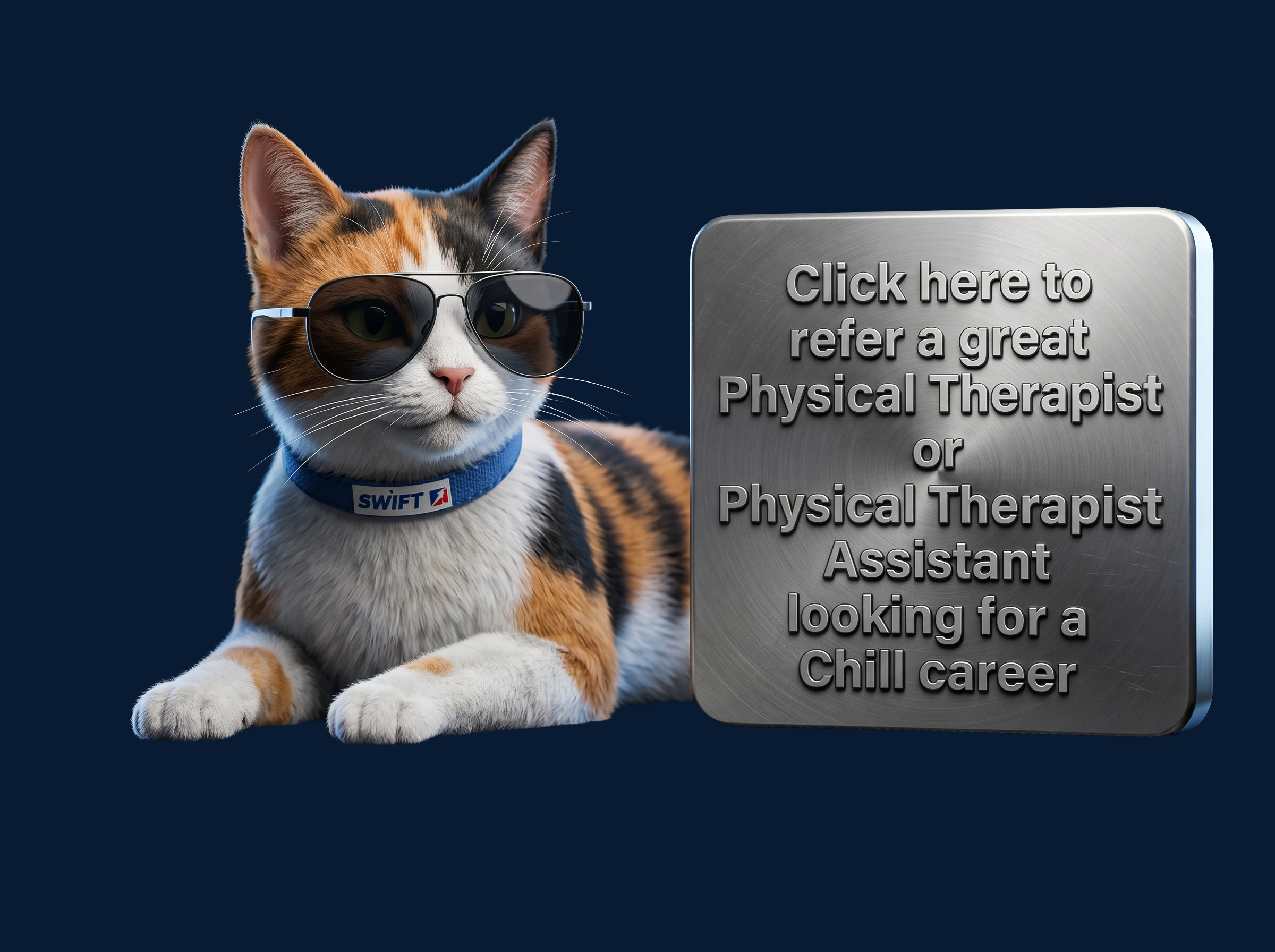 Calico cat wearing sunglasses sitting next to a metal sign with text.