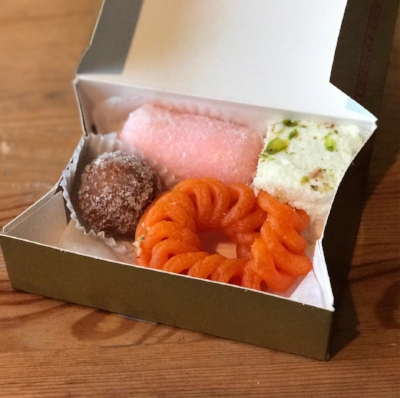 Sweets from Maharaja Sweets and Snacks in Jackson Heights, Queens. Kalakand, janghiri, coconut jamun, pink cham cham. 