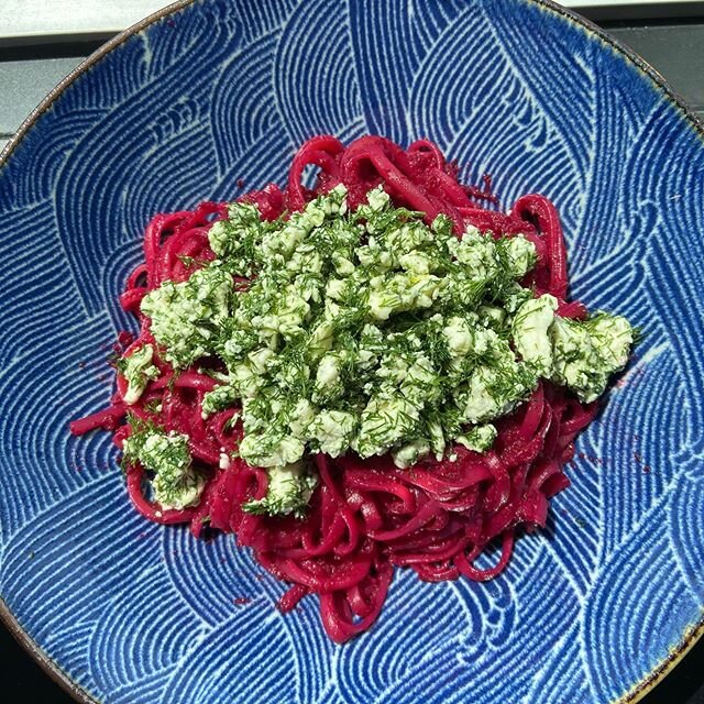 Beetroot linguine with feta dill crumble. Another delicious adventure from @nadiyajhussain #timetoeat
