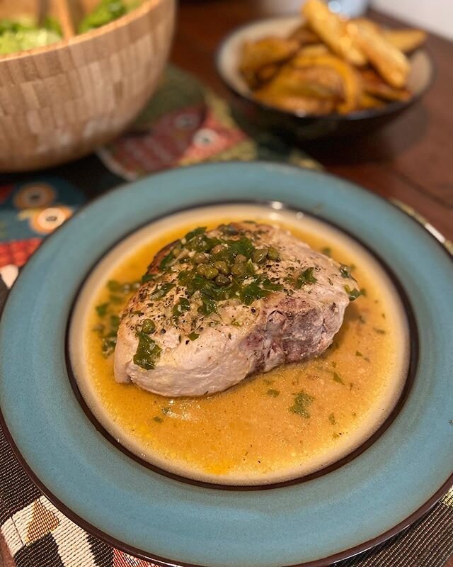 Pork chops with rich caper lemon sauce, page 233 in Jubilee. Delicious made as instructed; no substitutions. With roasted potatoes to sop up the sauce, which tasted like buttery capery golden love. A new household favorite. #food52cookbookclub #dinin