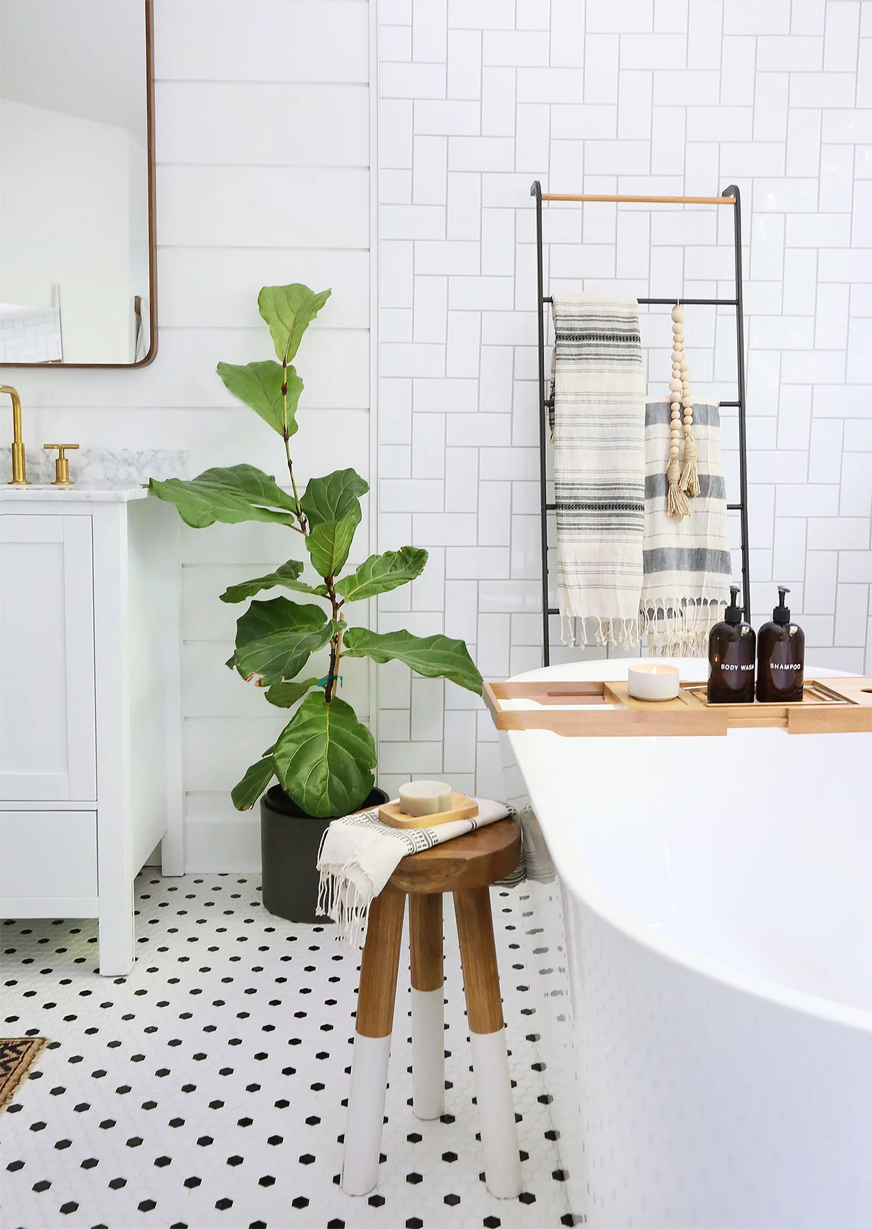 Vanity / Faucet / Mirror / Floor Tile / Stool / Tub / Bath Caddy / Blanket Ladder / T urkish towel / Hand Towel / Candle