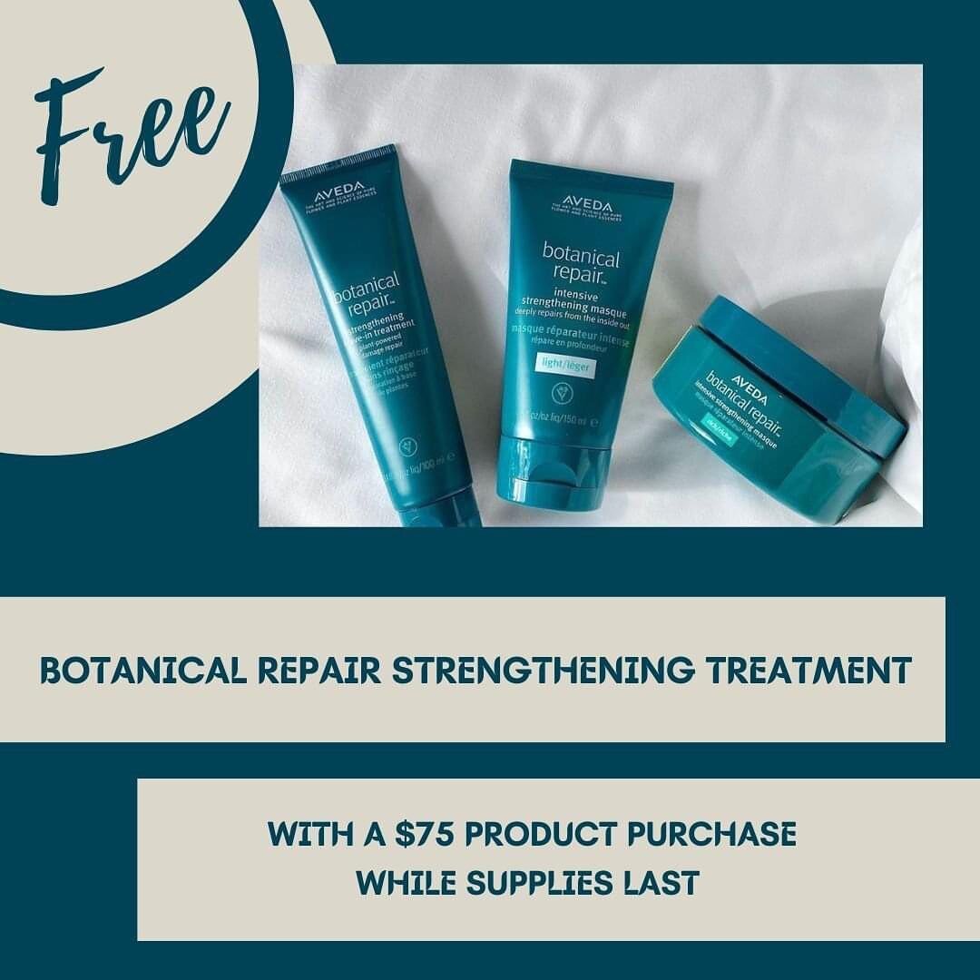 Free Product Alert!!!! Spend $75 in retail and get one of our best-selling products Botanical Repair Strengthening Treatment. This is only in salon promotion and while supplies last.