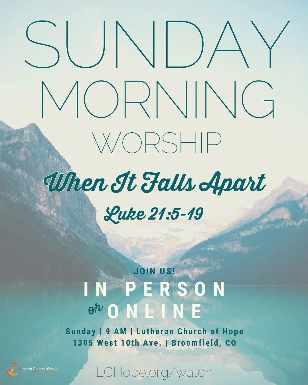 This Sunday at LCHope: &ldquo;When It Falls Apart&rdquo;
Join us for worship at 9 AM as we celebrate two baptisms and gather in faith together.
All are welcome &mdash; come as you are!
#Lutheran #SundayWorship #LCHope #ELCA