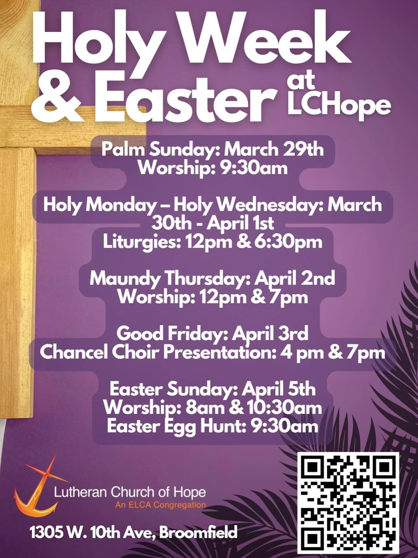 Holy Week is almost here. Join us as we walk through the story of Jesus from the palms of Palm Sunday to the joy of Easter morning. 🌿✝️
Save these dates and come worship with us at LCHope. Bring a friend, bring your family, and experience Holy Week 