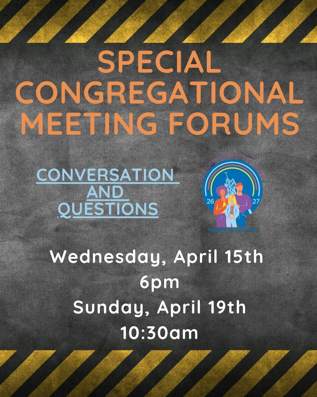 Big things are ahead and we want you in the conversation 🏗️
Join us for a Special Congregational Meeting Forum to hear updates ask questions before our Special Congregational Meeting on April 26th. 
Forums: Today at 6pm or Sunday at 10:30am come to 