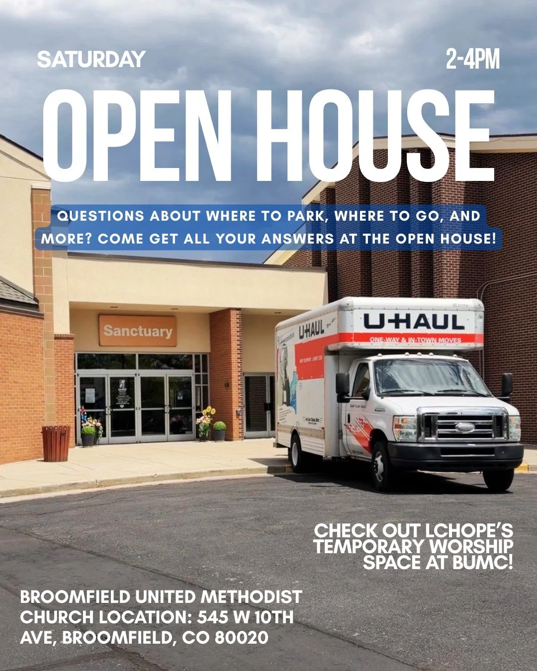 New space, same community 💙 Join us today 2&ndash;4pm at Broomfield United Methodist Church for our Open House! Come explore parking, entrances, and get all your questions answered before Sunday worship in our temporary home during construction. See