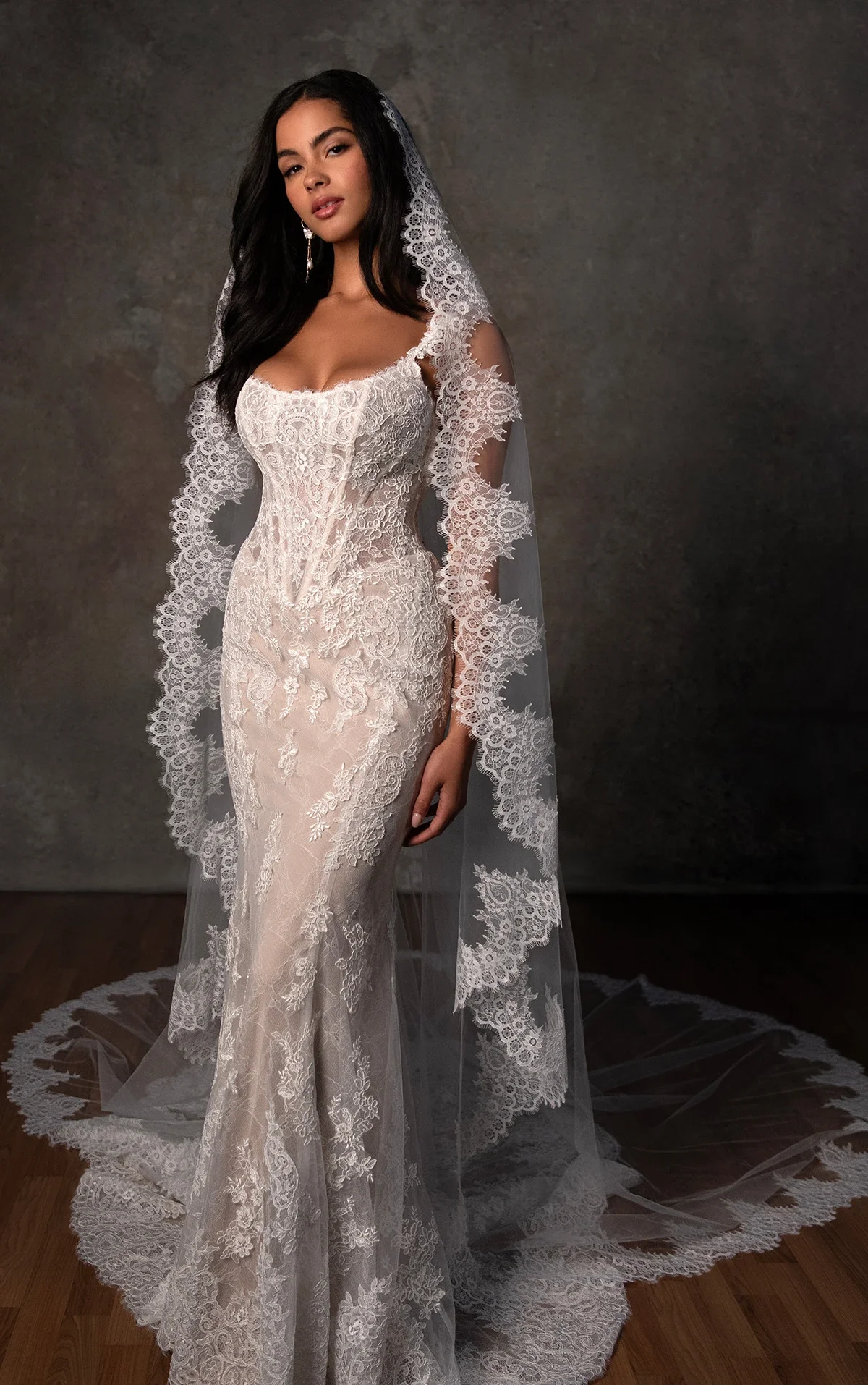 Fit-and-flare wedding dress with Chantilly lace underlays and matte floral lace