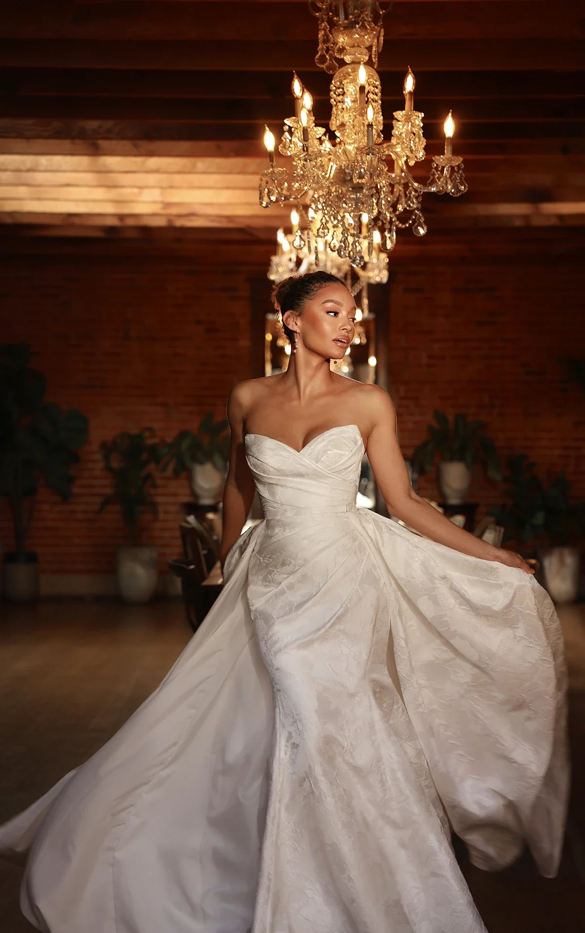 Strapless Satin Jacquard Column Wedding Dress with Draped Sweetheart Neckline