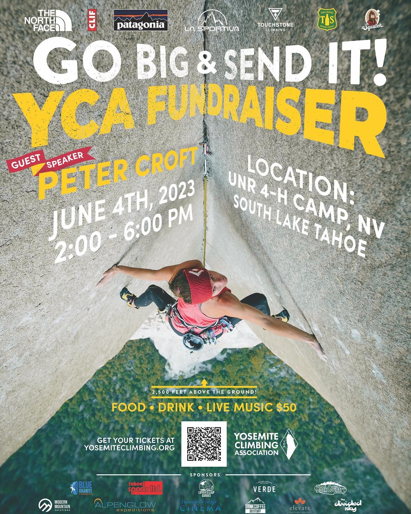 The Yosemite Climbing Association (YCA) @yosemiteclimbingassociation is celebrating their 3rd annual fundraising event and YOU are invited! (tickets linked in  bio) June 4th, 2pm - 6pm in South Lake Tahoe, NV.
Food, drink, fun, as well as live music,