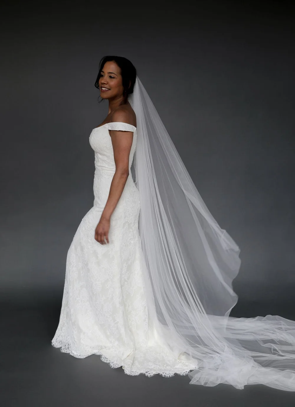 Channing Modern English Tulle Gathered Bridal Veil with Angled