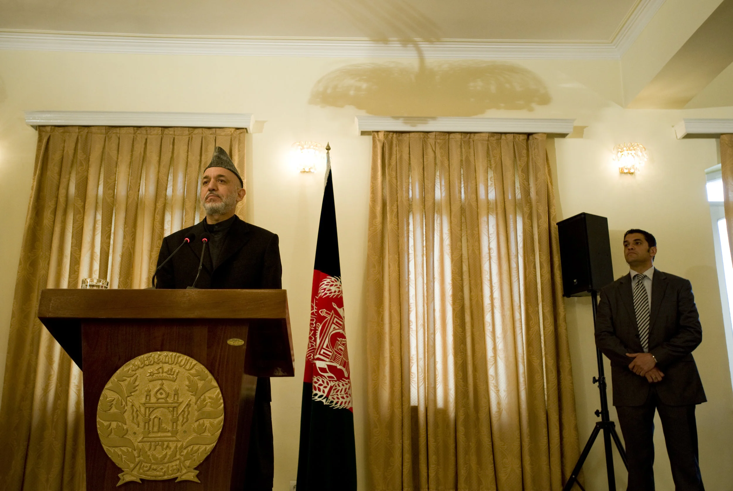Afghan President Hamid Karzai during a press conference at the presidential palace. Kabul, April 2009.