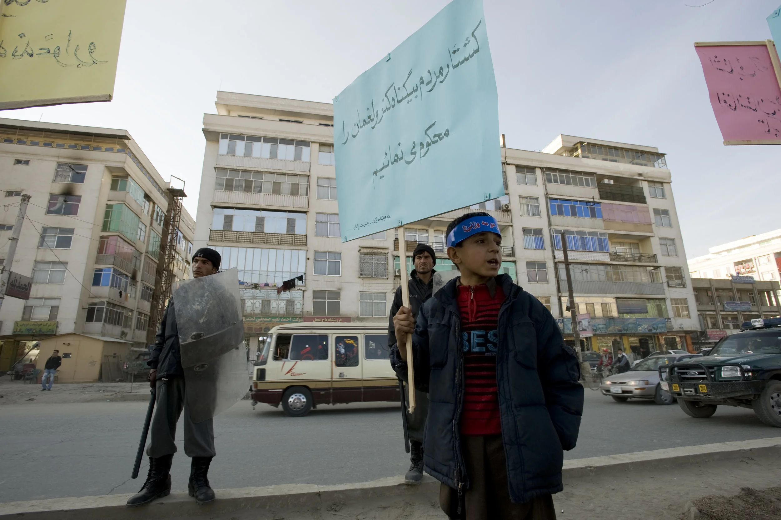 A protest organised by the Islamist civil society group, Jamiat-e Eslah, after ten civilians, including eight students, were reported to have been killed by US forces in Kunar province. Kabul. December 2009.