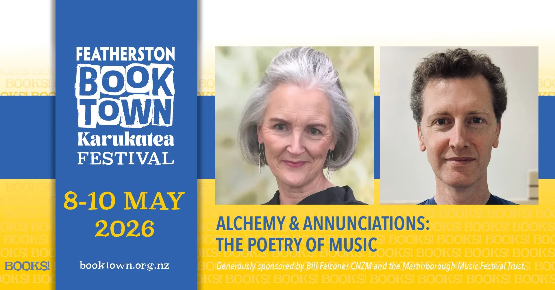 Pposter showing Eve de Castro Robinson and Nick Ascroft and advertising their appearance at the Karukatea Festival on 9 May