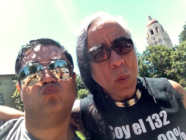 Podcast host Marcos Nájera and Guillermo Gomez Peña discuss Acosta before a performance at Stanford University.