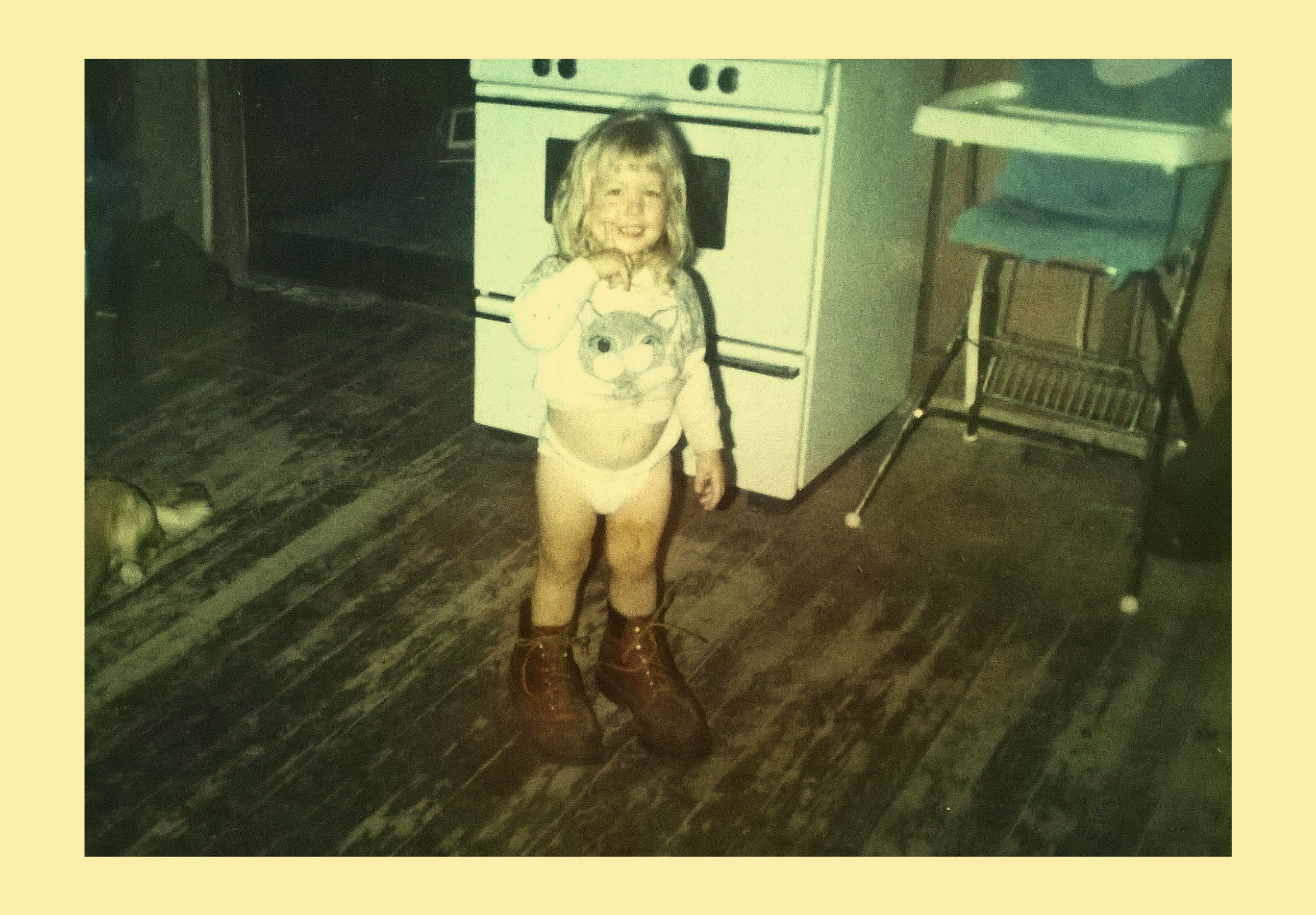 Mallory wearing dad's boots
