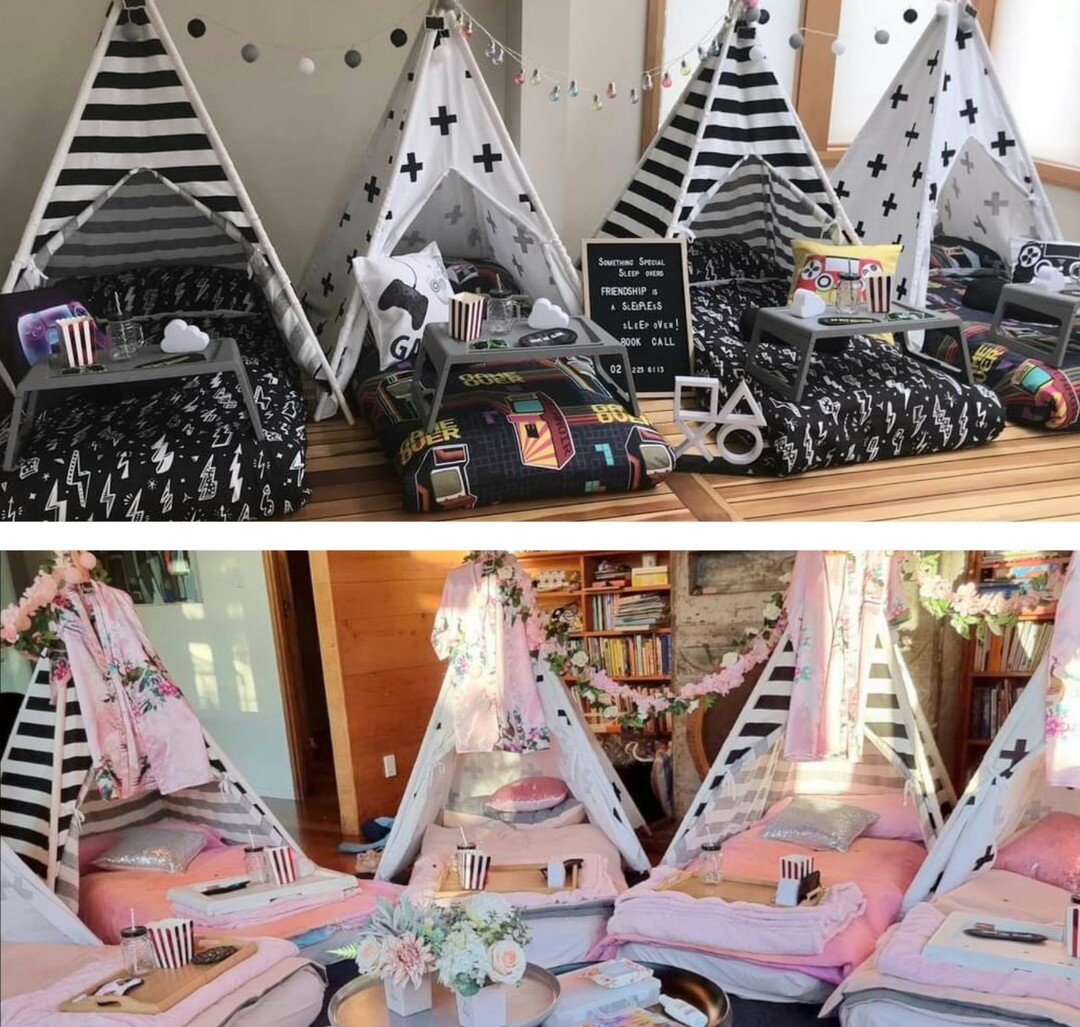 We have teamed up with the good folks at Something Special Sleepovers, to bring you the best in themed sleepover set ups. 
Each teepee comes with a blow up single mattress, bedding and pillows. You will get  a snack tray, drink jug, with disposable s