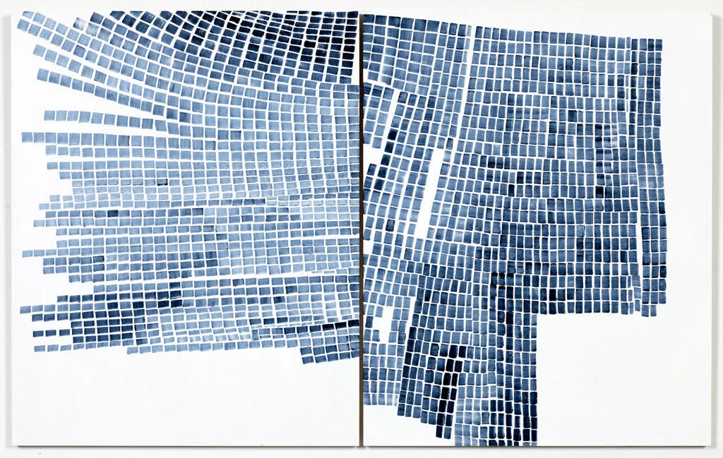 Marjorie Welish, Before After Oaths Gray 4 , 2013, acrylic on panel (diptych), 20 x 32 inches