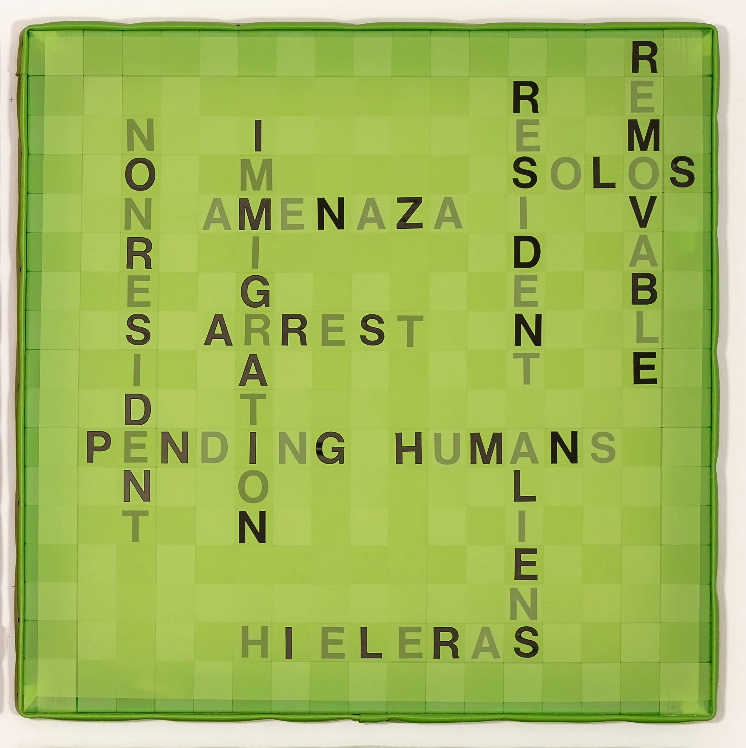 Solos | 2020 | 22" by 22" | Wood frame, flag tape, vinyl black letters, and colored plastic