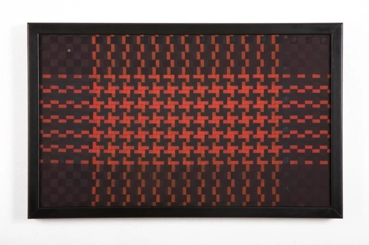 Red and Black Panel 1 | 2008 | 21" L by 13" W | Wood frame, nails, and typewriter ribbon