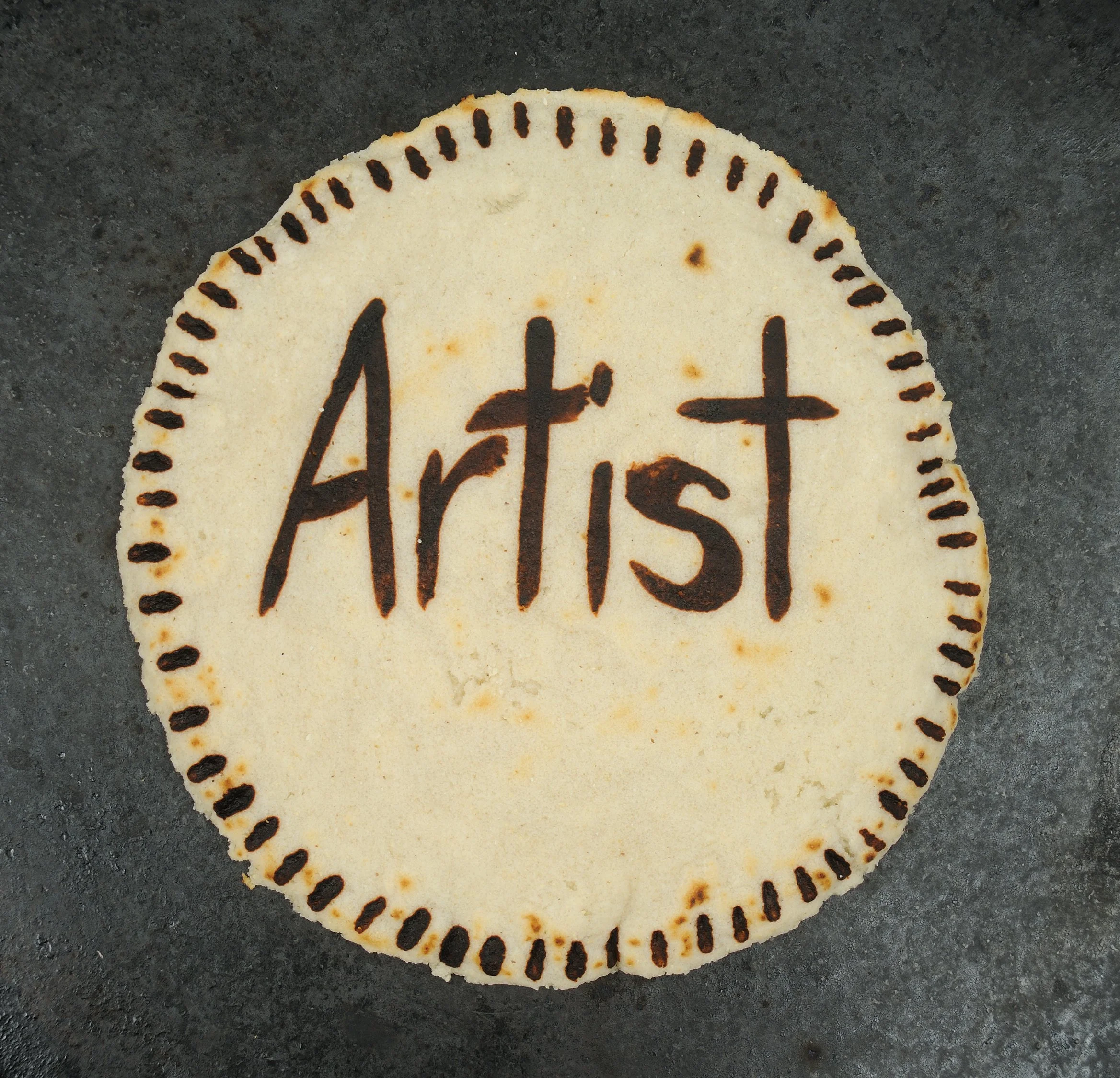 We are What We Eat | 2019 | 8" square | Food dye on corn tortillas on white aluminum