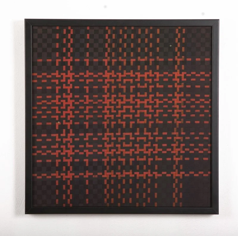 Red and Black Panel 1 | 2008 | 21" H by 21" W | Wood frame, nails, and typewriter ribbon