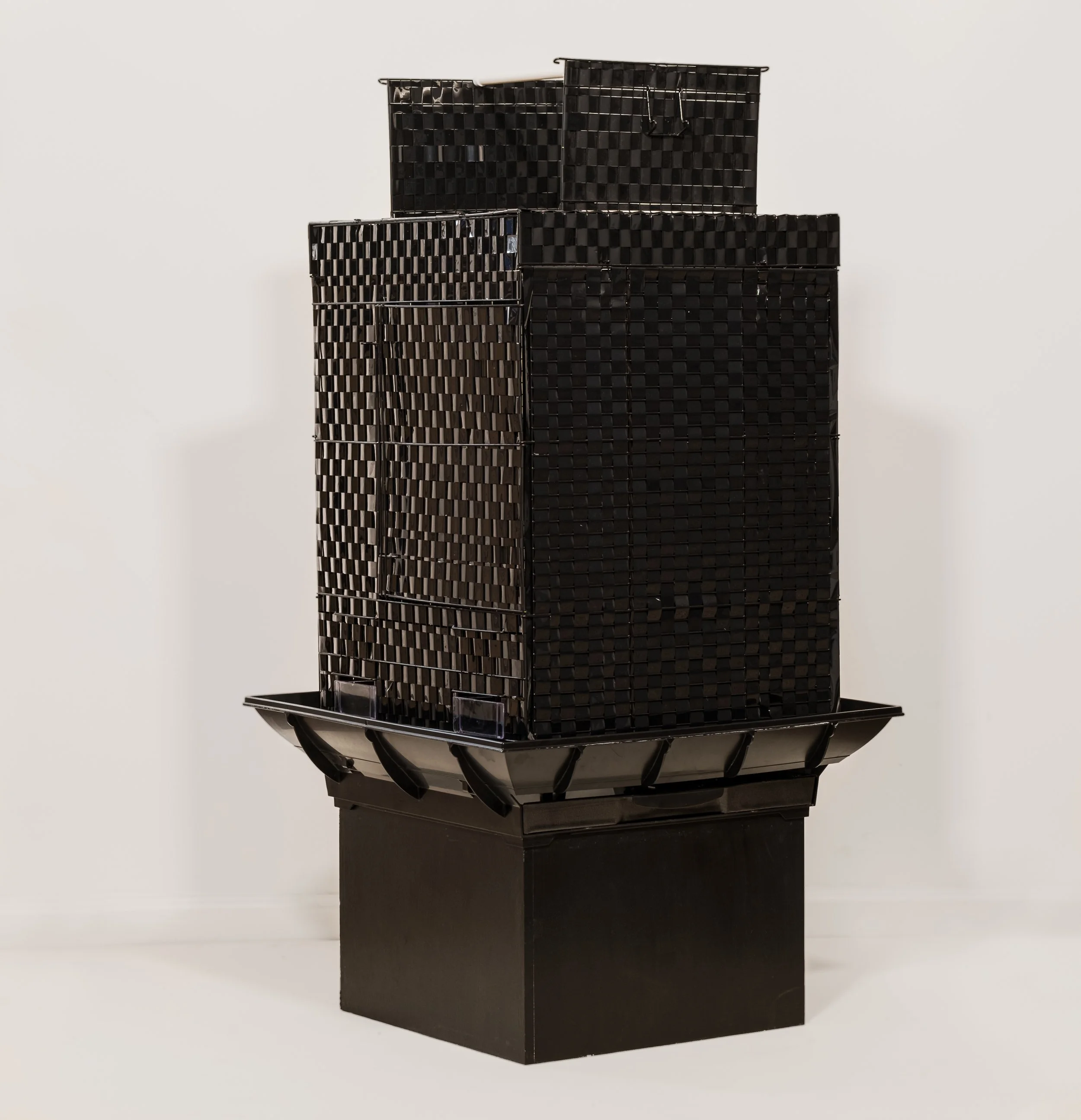 Black Cage | 2020 | Overall 43 3/4" H Cage: 17" L by 17" W by 21" H | Black cage, VHS videotape, adhesive, mirror, black paint, plastic rod, and wood