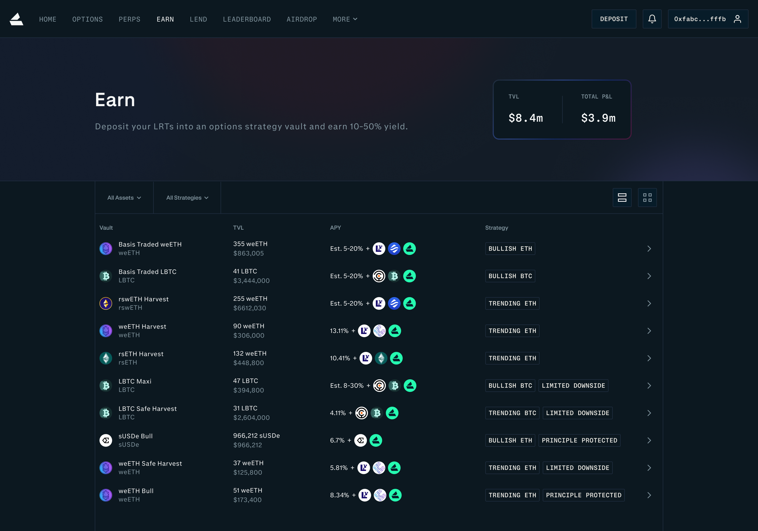 Dana J. Wright, Product Designer, Defi Crypto Derivatives Yield Vault Index Page List
