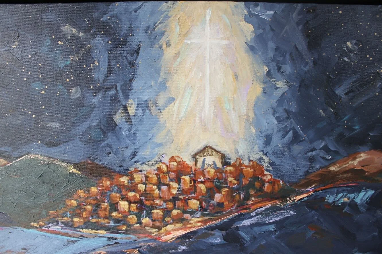 &ldquo;Journey To Bethlehem&rdquo; 20x40&rdquo; on canvas 

Every year I do original nativity paintings. In 2023 I wanted to create a painting that told the story of three wise men of high stature who traveled for months with to regal gifts to&nbsp;k