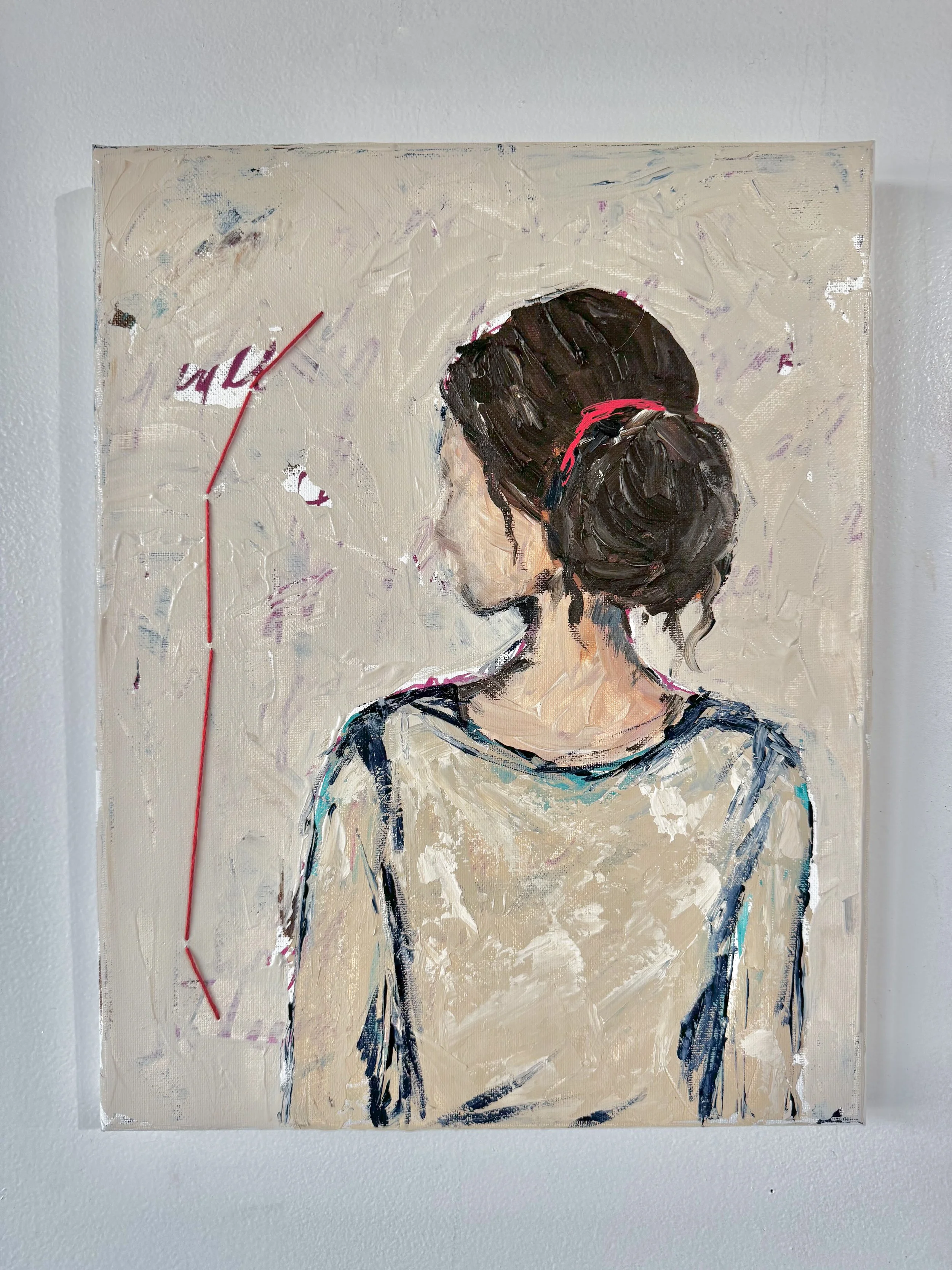 Painting of Rahab, woman looking away with scarlet thread sewn into hair and along side of canvas