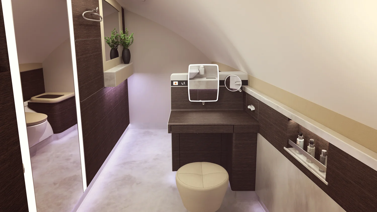 First class will also feature two spacious toilets, including one with a sit-down vanity counter. 