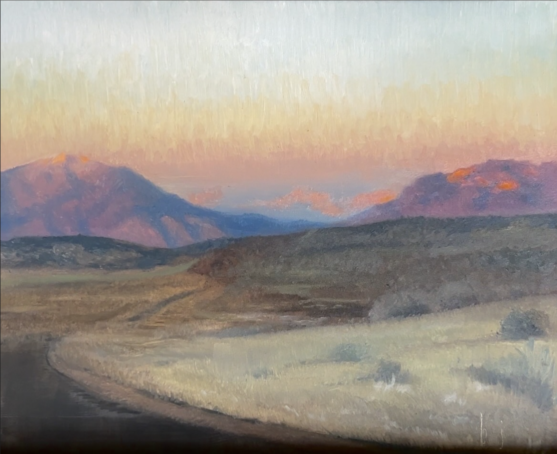 A pastel painting of a mountain landscape at sunset with a winding path and open fields in the foreground.