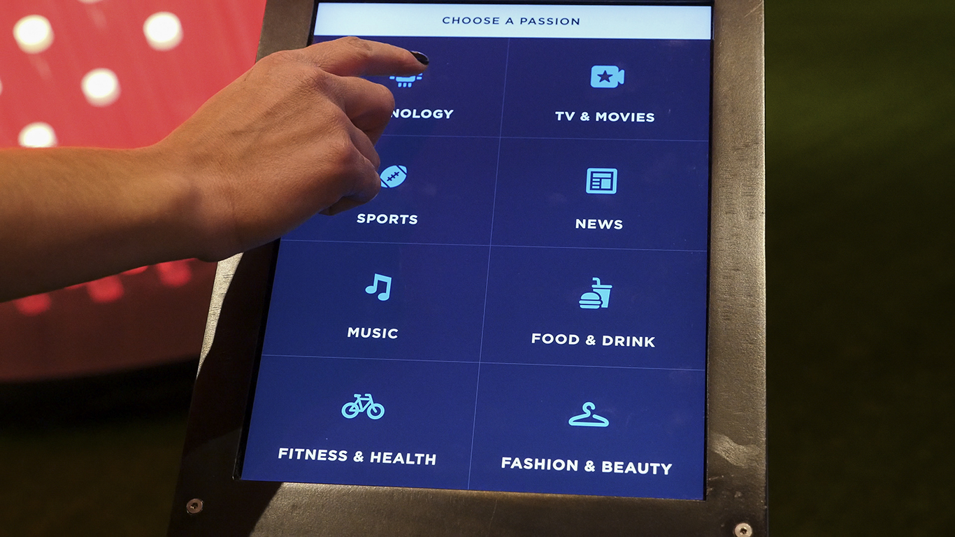 A finger taps "Technology" to select a new topic for the visualization.