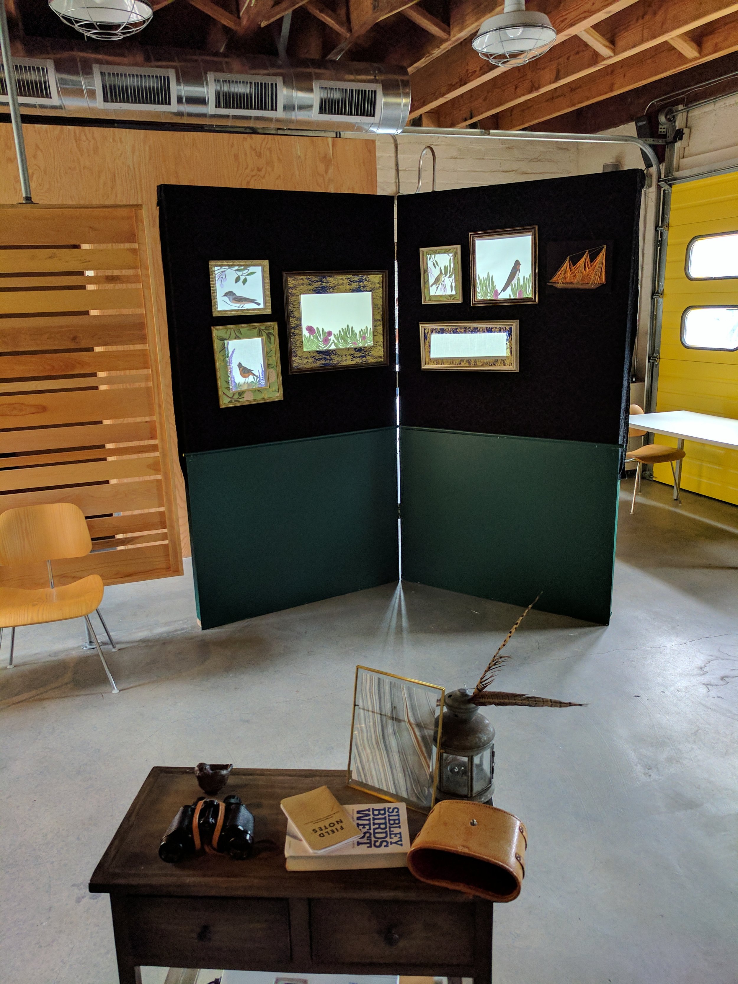 A false wall with green wainscotting and a black paisley wallpaper displays several frames. Inside of the frames are projection-mapped animations of birds local to San Diego.