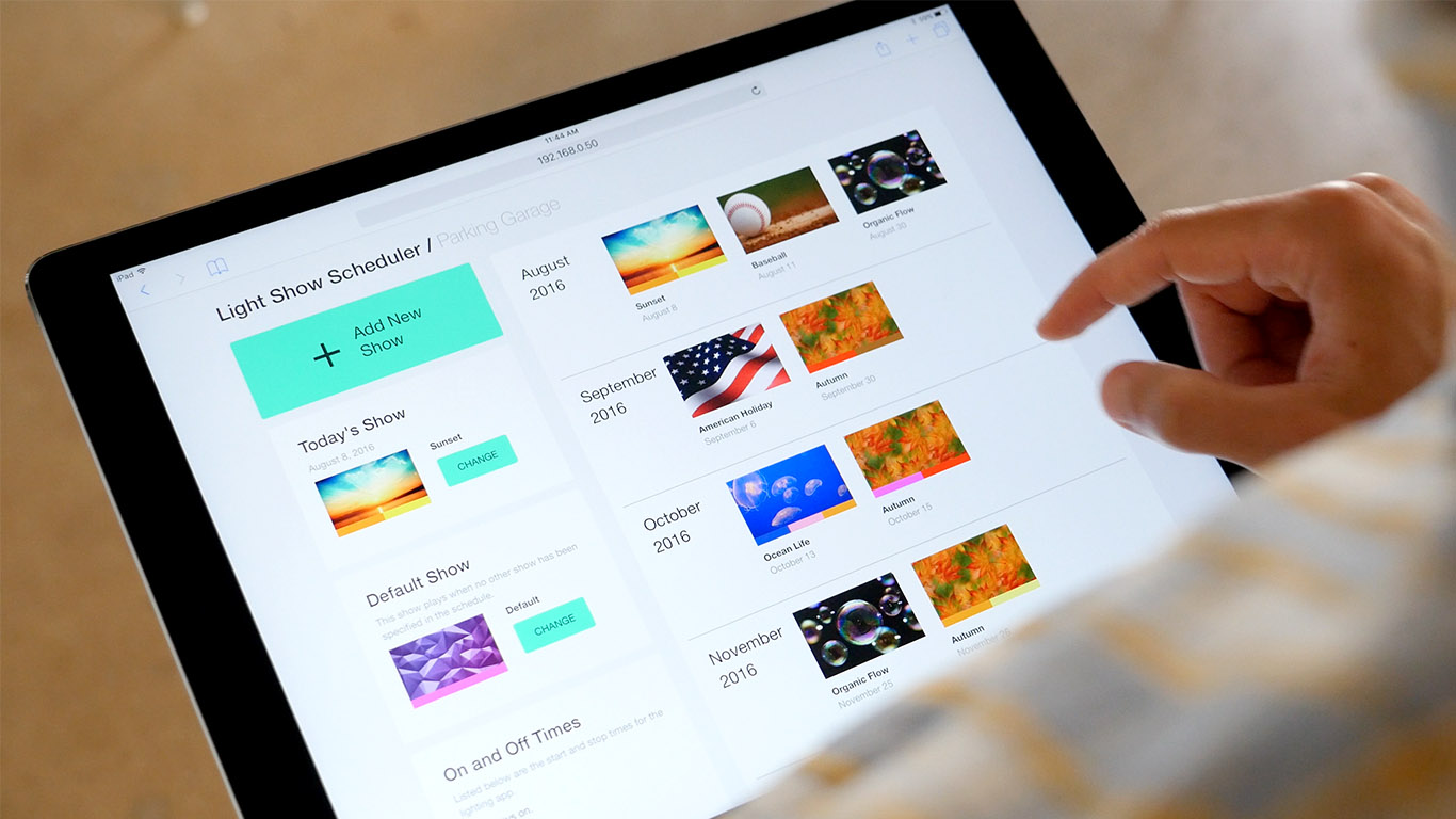 An iPad app is used to program the parking garage lights for special events and holidays.