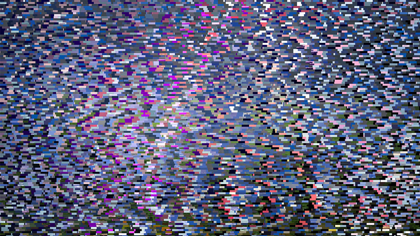 A picture made of chunky pixels in blue, gray, and, purple represent the image results for the word "thunderstorm".