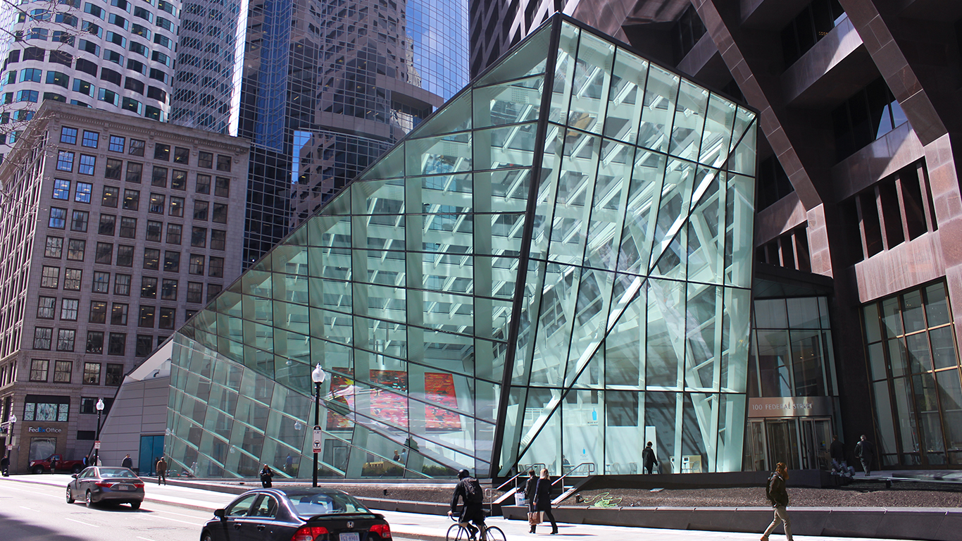 The LCD screen artwork can be seen through the massive glass exterior of 100 Federal.