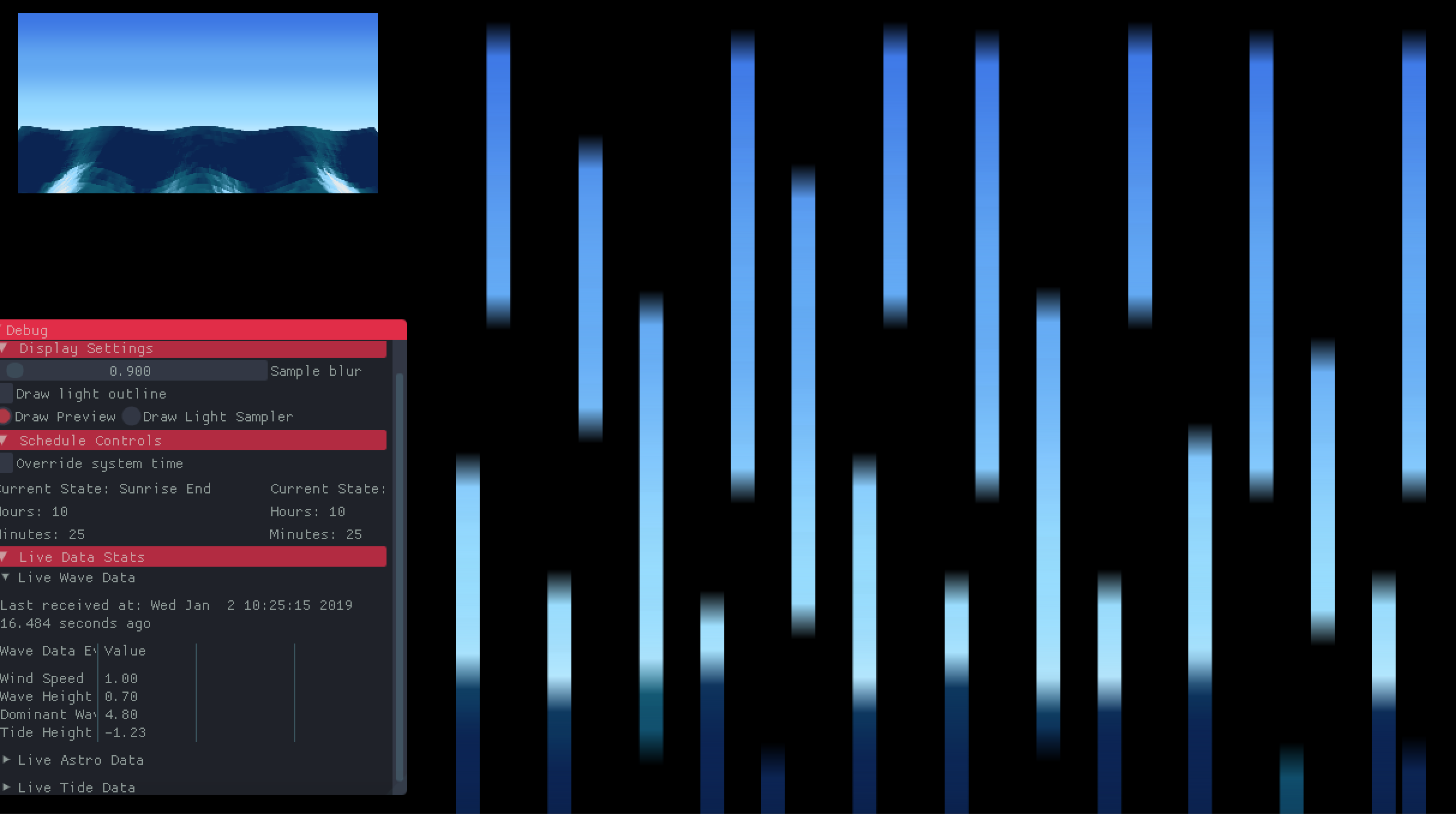 A screen capture of software that controls the lights. There is a software simulation of ocean waves and a preview of light sculptures.