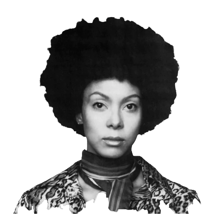 Black and white portrait of a woman with a large afro hairstyle, wearing a patterned blouse and a scarf around her neck.