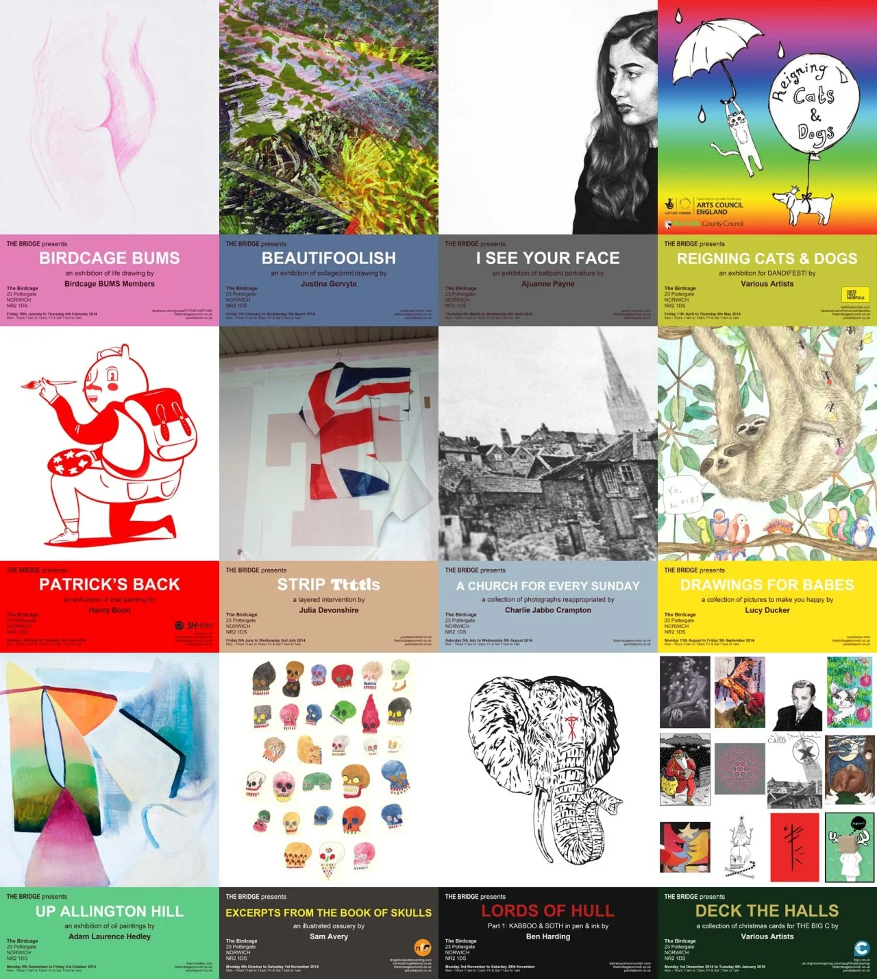 We have successfully completed our first annual programme for The Bridge ! Huge thanks go out to all the artists and helpers involved in making it all possible!! Here’s a summary of all the exhibition posters from 2014 for your viewing pleasure…