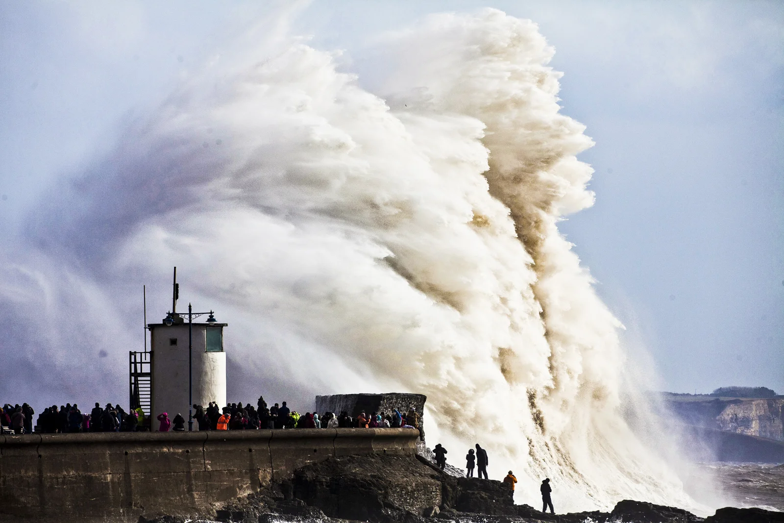 Gigantic waves hit the sea wall at Porthcawl in South Wales
