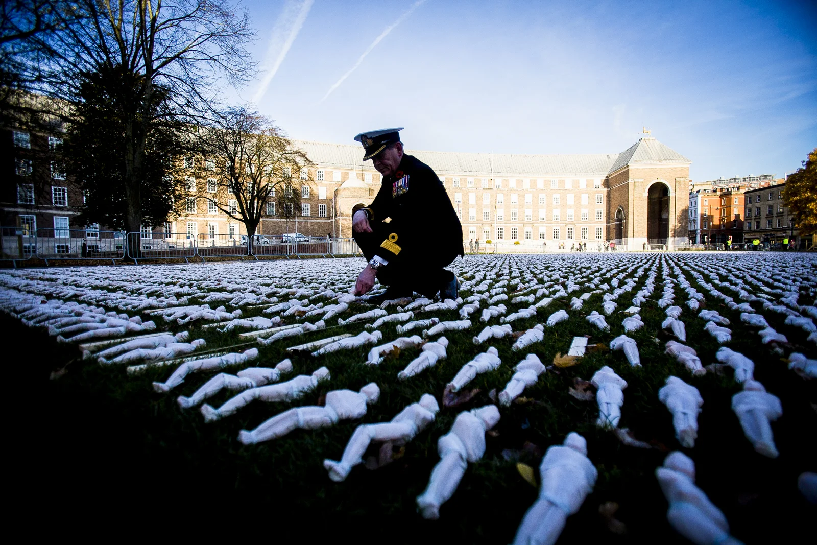 Commodore Jake Moores inspects The 'Shroud of the Somme' installation at Bristol Cathedral today, which depicts 19000 men who died at the Battle of the Somme.