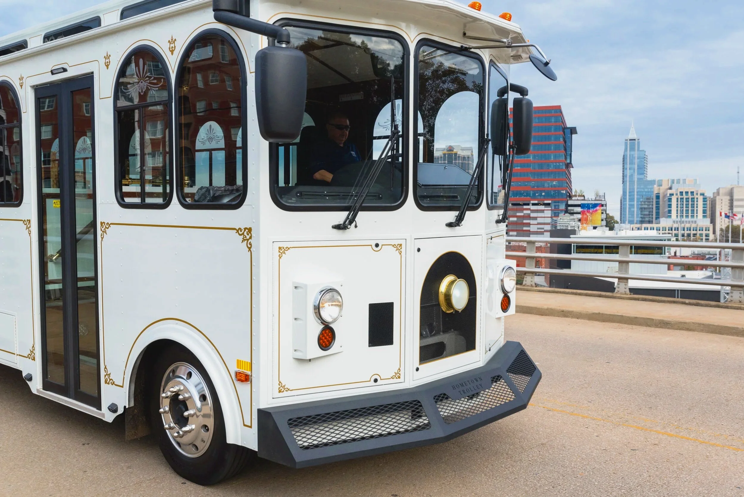 Great Raleigh Trolley with city skyline in the background