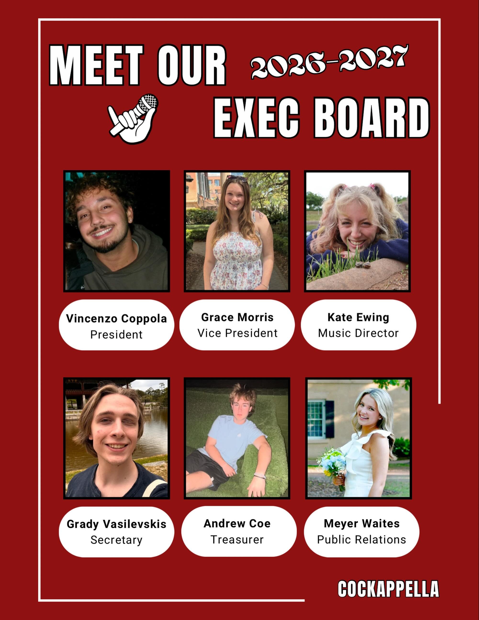Meet our 2026-2027 Exec Board!! We can&rsquo;t wait for this upcoming school year and another great chapter of Cockappella!! 😁😁