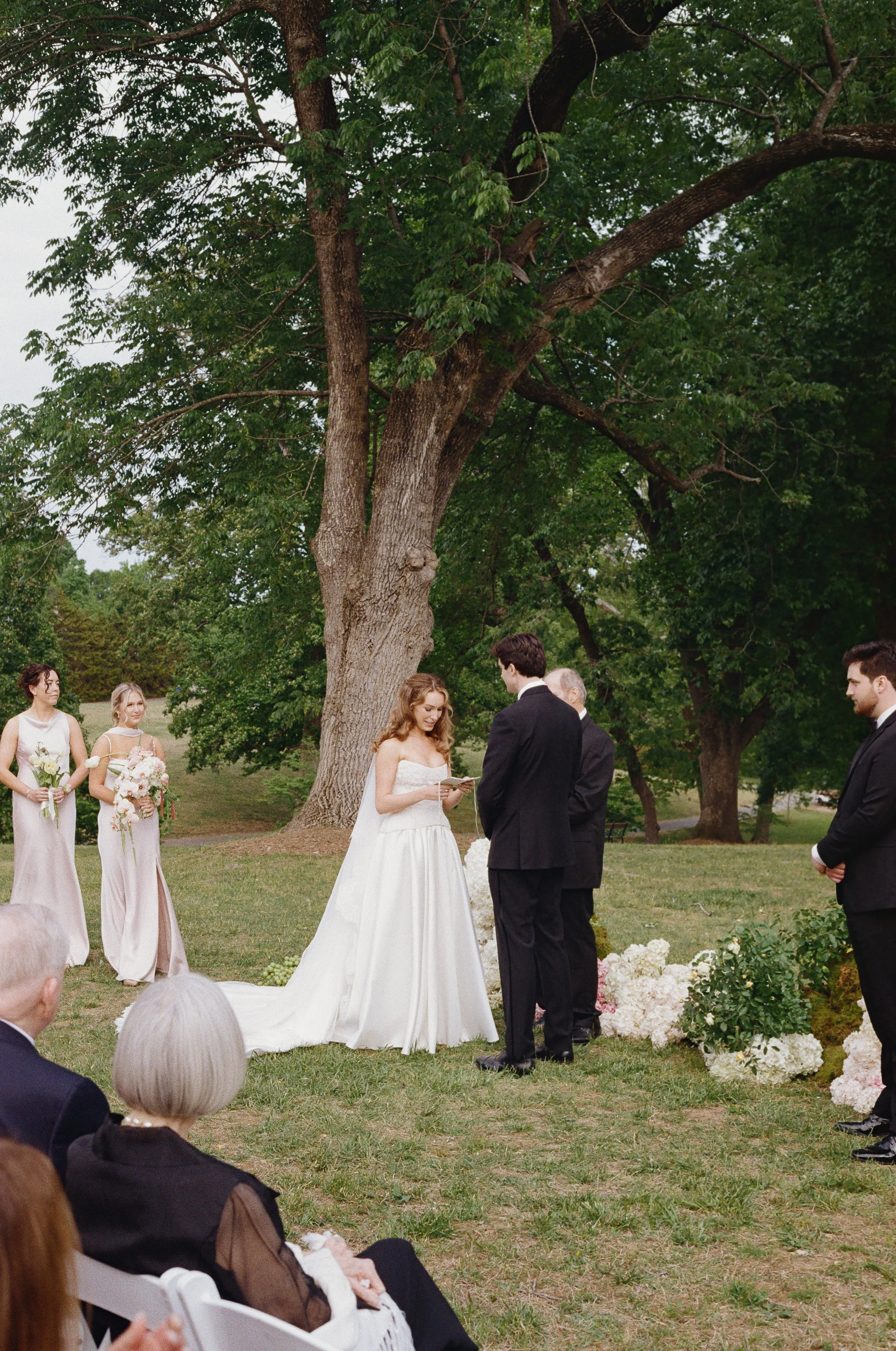 Outdoor wedding ceremony with a bride and groom exchanging vows under a large tree, surrounded by bridesmaids, groomsmen, and seated guests.