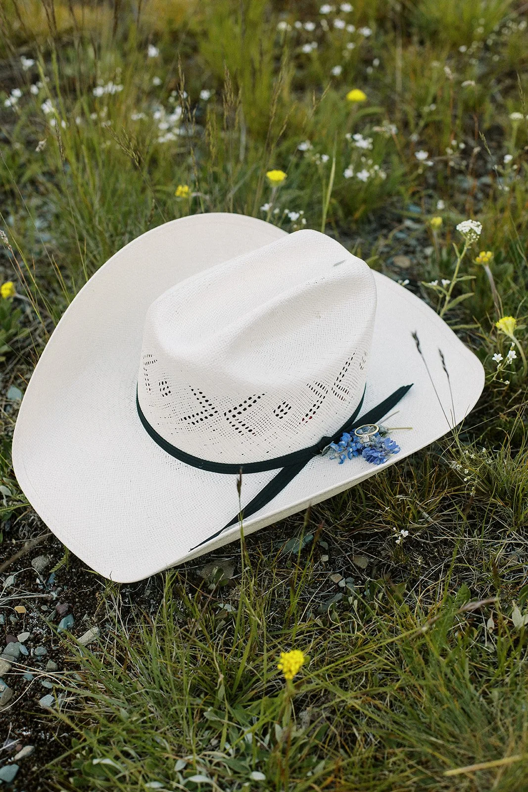 A white cowboy hat with black band and small flower attached, resting on the ground among green grass and small wildflowers.
