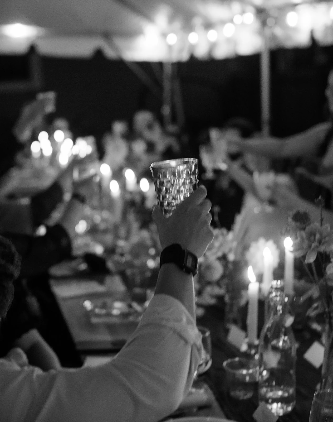 People at a dinner party raising a glass for a toast in a dimly lit setting with candles and flowers on the table. Roanoke Virginia Wedding Film Photographer.
