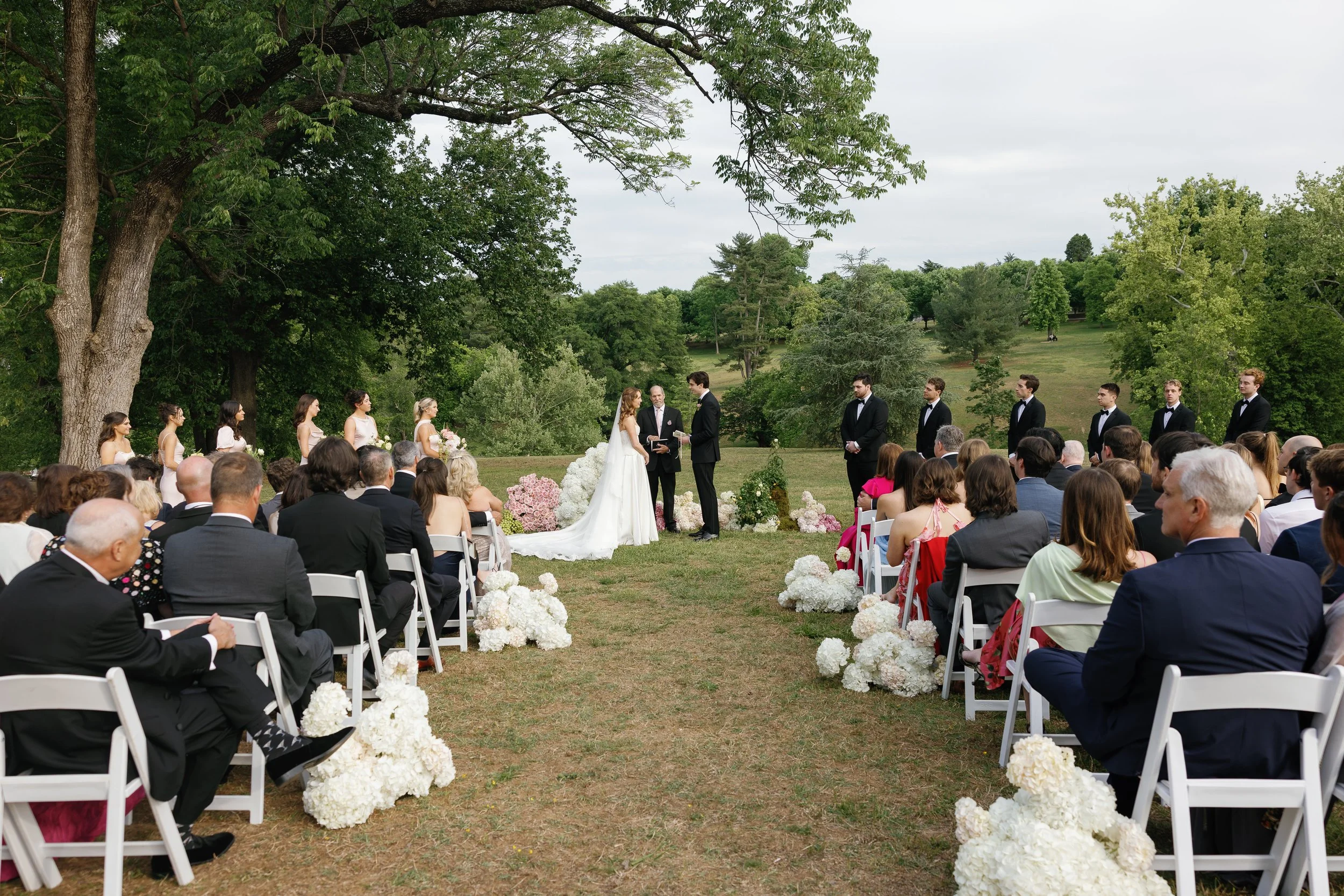An outdoor wedding ceremony with a bride and groom exchanging vows under a large tree, surrounded by bridesmaids, groomsmen, and seated guests in a lush green park. richmond virginia wedding photographer