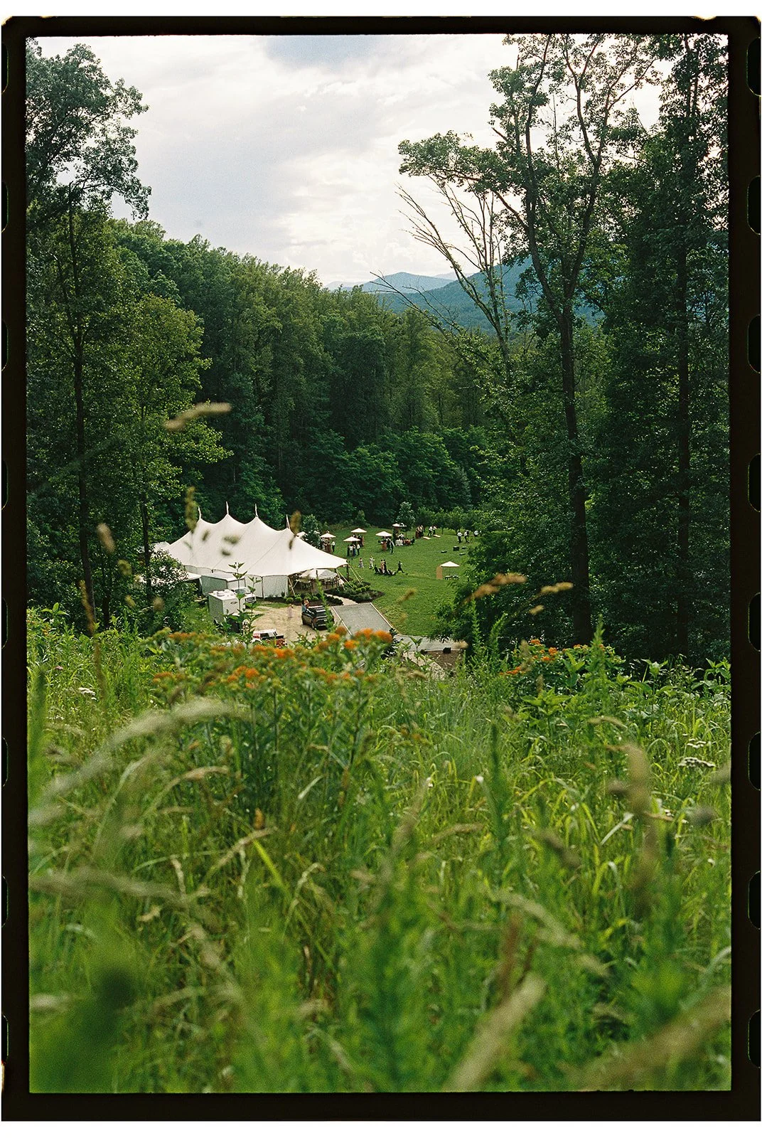 View of a lush green forest with a large white tent and smaller tents set up on a grassy field, surrounded by trees and distant mountains under a cloudy sky. Charlottesville Virginia Wedding Film Photographer