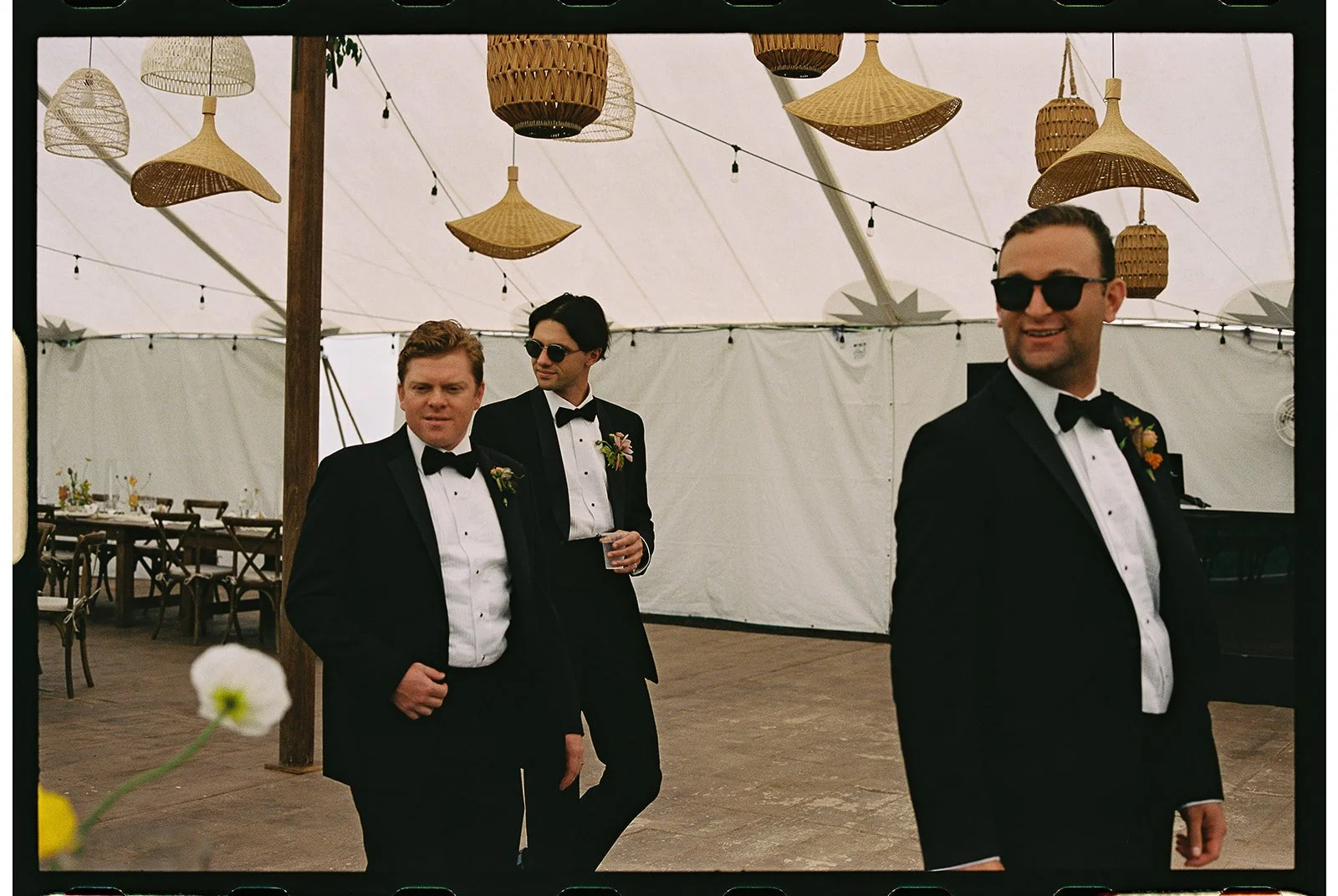 Three men in tuxedos with boutonnières standing inside a decorated event tent with hanging wicker lamps and string lights. Charlottesville Virginia Wedding Film Photographer